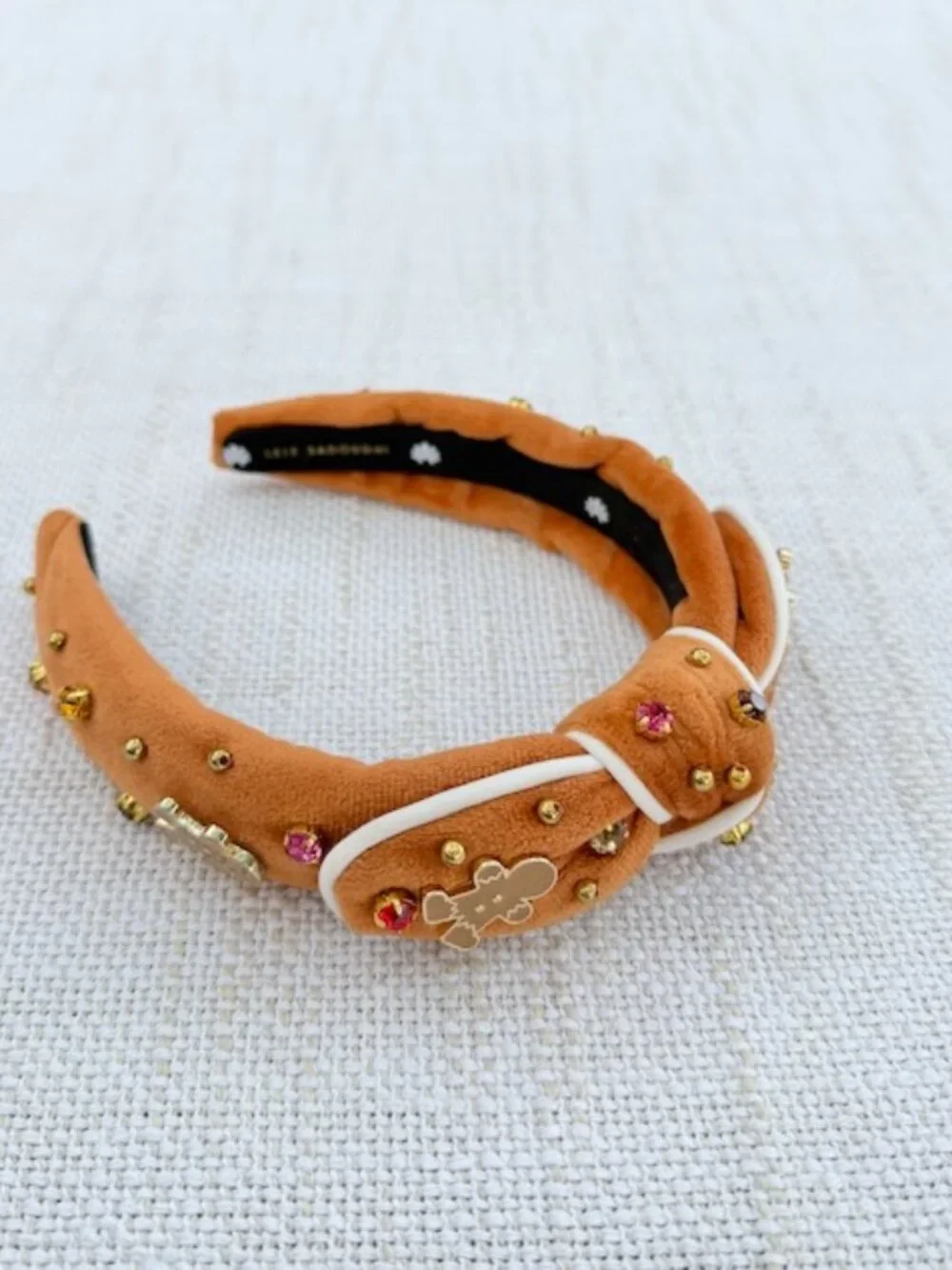 Lele Sadoughi Gingerbread Man Velvet Knot Headband Crystal Christmas EUC